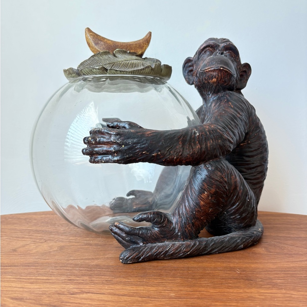 Glass Jar Bronze Coloured Monkey Sculpture Vintage Storage Jar Heirloom Gift